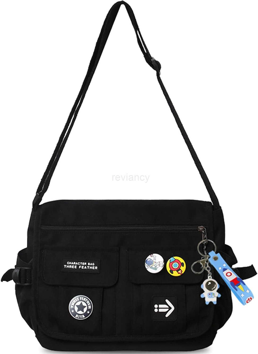 Fashion Crossbody Bag with Cute Accessories Nylon Casual Messenger Bag with Pendant Lightweight Handbag Travel Daypacks BlackW250911