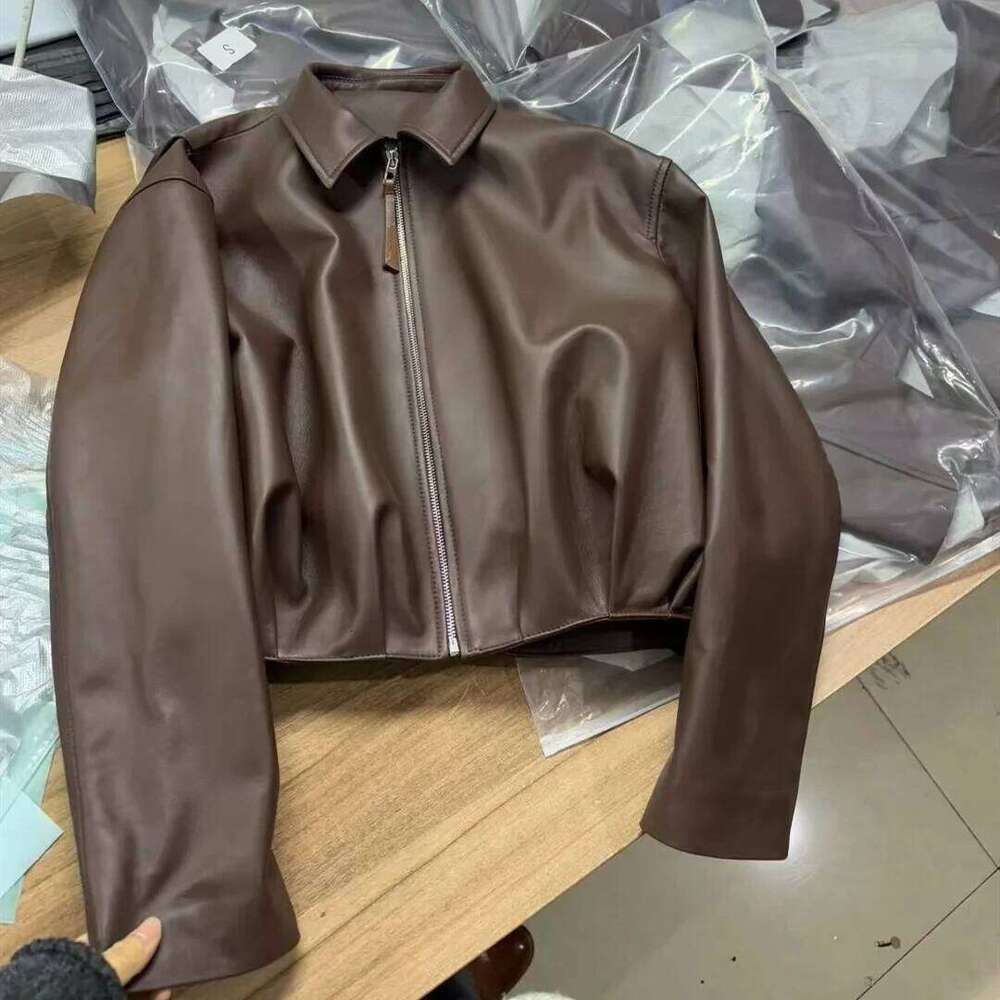 Natural Jacket For Women Lambskin Bomber Biker Jacket Long Sleeves 100% Sheepskin Leather Coat Folded Short Tops Woman