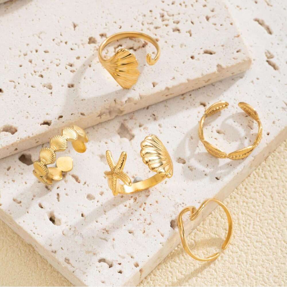 5PCS Beach Surfer Starfish Gold Dainty Seashell Wave Stacking Rings Summer Jewelry for Women Girl