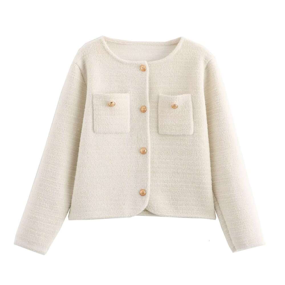 DHEssentials 2025 Autumn New French Style Chanel-inspired Thread Horizontal Stripes Pocket Gold Button Round Neck Knitted Sweater Jacket