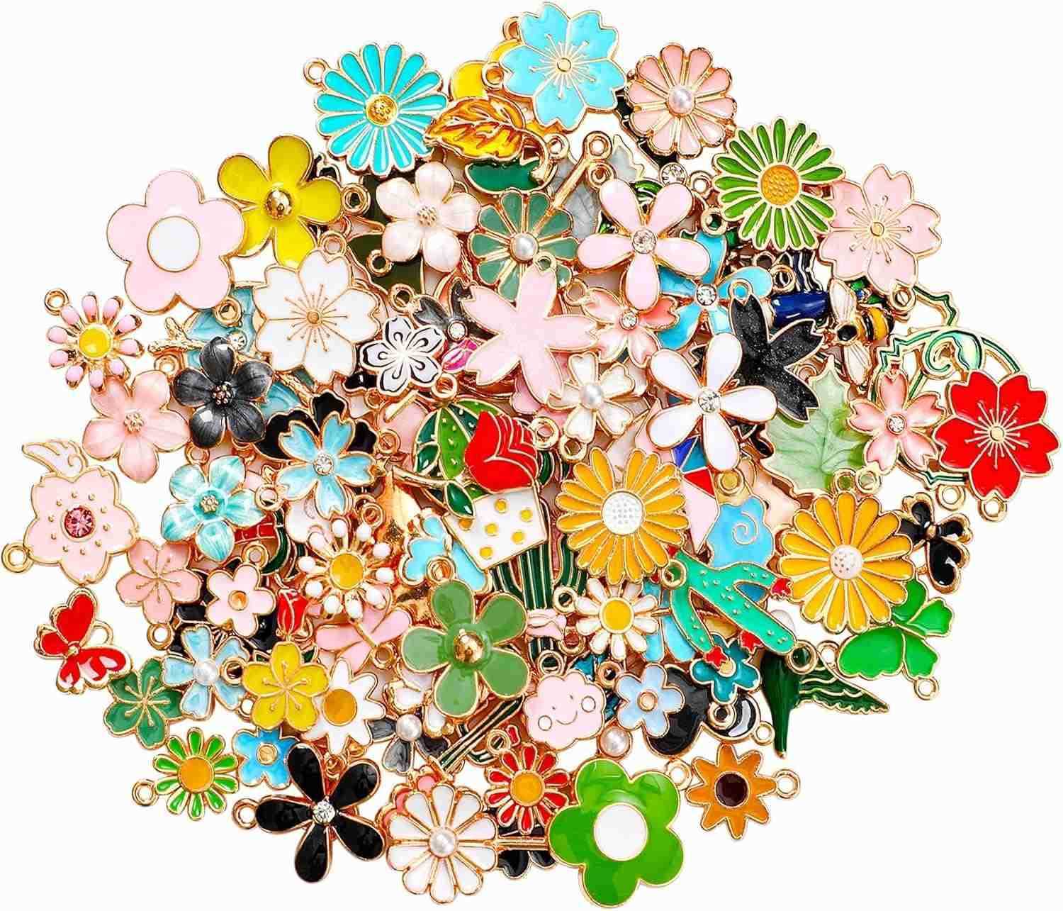 120 Pcs Spring Summer Floral Themed Charms Flower Charms for Jewelry Making Assorted Gold Enamel Charm Pendants for DIY Necklace Earrings SupplW250911
