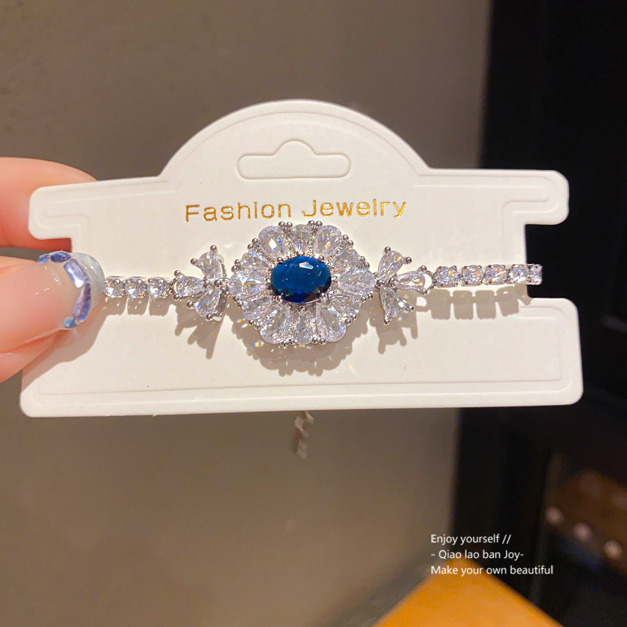 Silver - Toned Bracelet With Blue Oval Crystal, Surrounding Clear Crystal Flower Design Delicate Daily & Elegant Jewelry Gift For Her High - Quality A