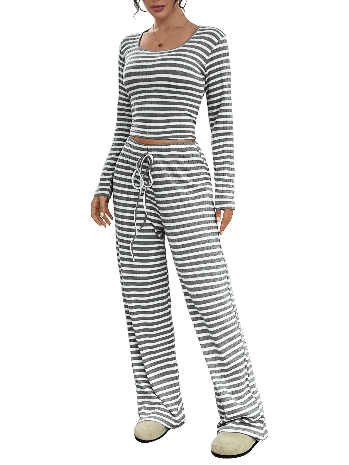 2025 Autumn New Women's S-striped Square Women's Long sleeved Top Collar Long sleeved Drawstring Pants Set Autumn/Winter New Designer Knitte