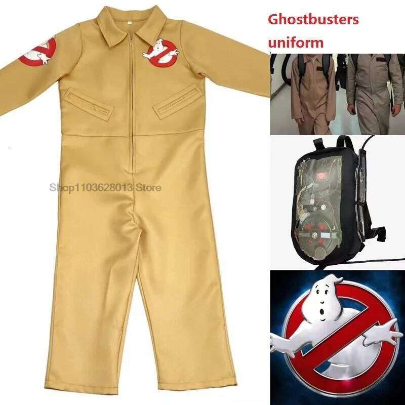 Kid Halloween Costum es Movie Theme Ghostbusters uniform Cosplay Clothing Jumpsuit Ba g Suitable Adult And 3-15 Years Children