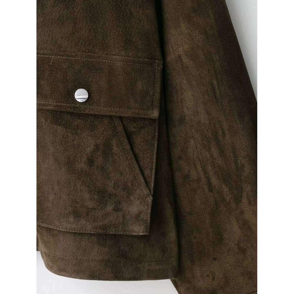 2025 Spring Autumn Vintage High Street Topsfashion Loose Khaki Suede Jacket Women Lapel Zipper Long Sleeve Pockets Coat Female