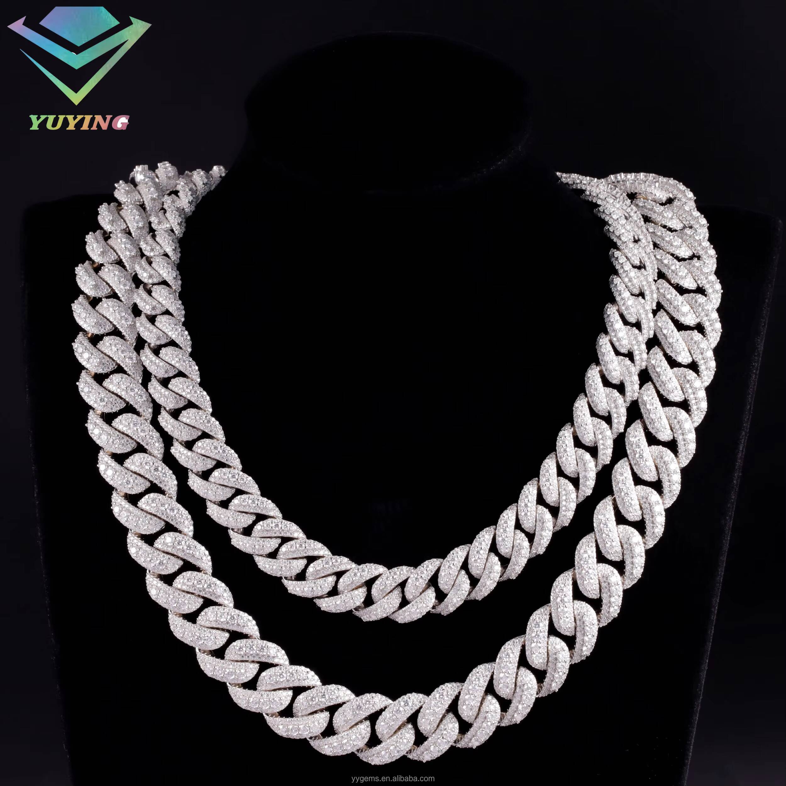Large Moissanite Middle 14/16/18MM Wide Iced Out 3 Rows Cuban Link Chains Gold Plated 925 Silver VVS Moissanite Hip Hop Chains