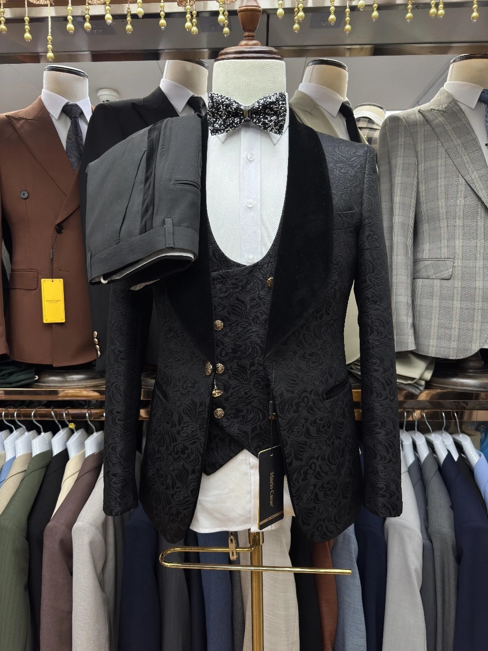 Vintage Men's Suit Jacquard Tailor-Made 3 Pieces Set Jacket Shawl Lapel Blazer Velvet One Button Groom Customized Coat Vest Pants Plus Size