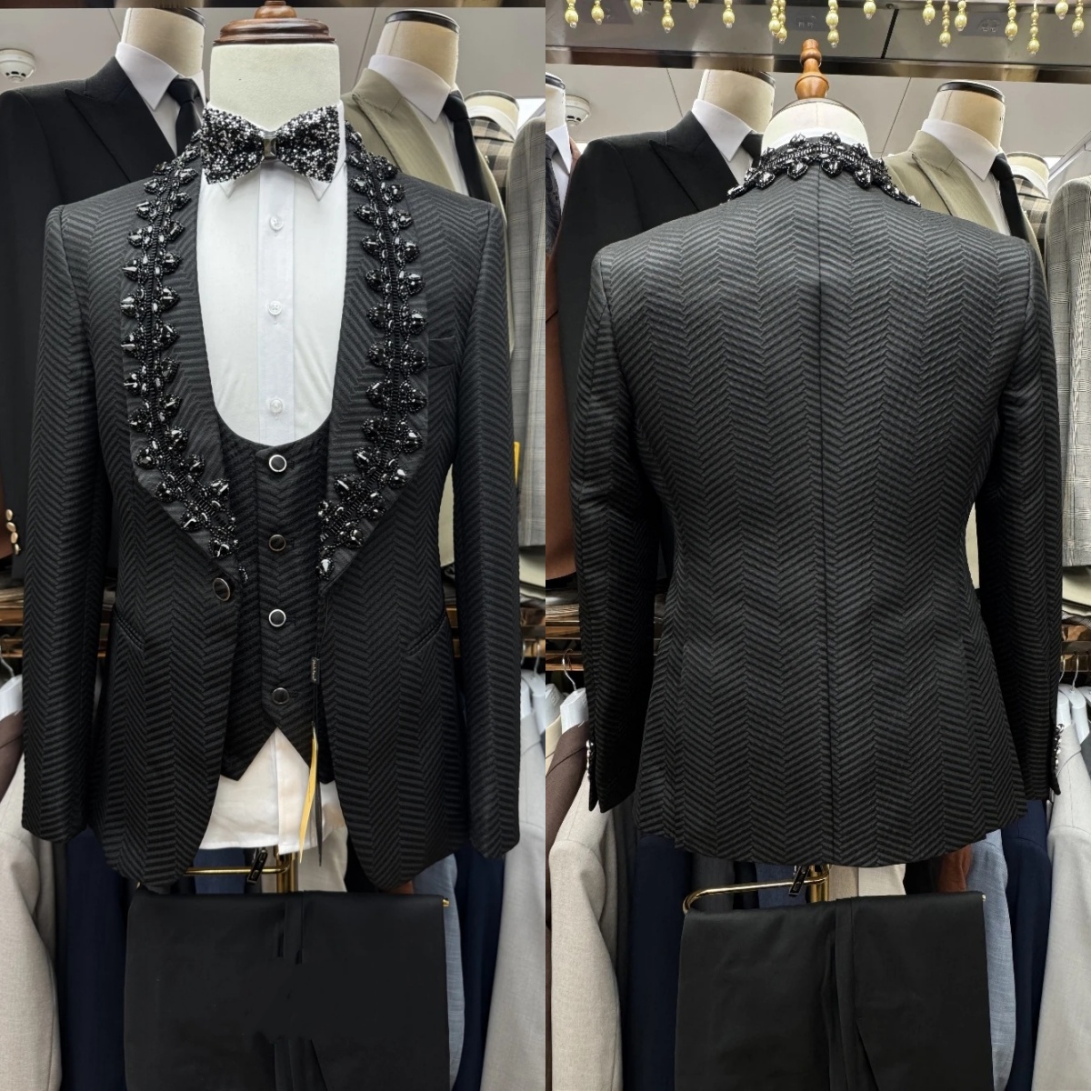 Luxury Men's Suit Shawl Lapel Beads 2 Pieces Set Tailor-Made Jacket Herringbone One Button Crystal Beading Blazer Customized Coat Pants Plus Size