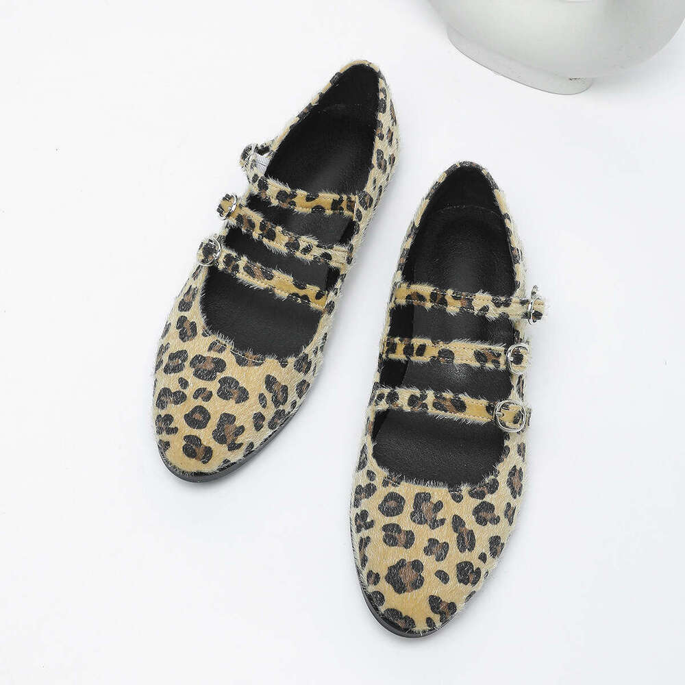 Plus Size Women's Round Toe Designer Shoe Shallow Mouth Thick Sole Non-Slip Horsehair Leopard Print Single Three-Strap Mary Jane Shoes