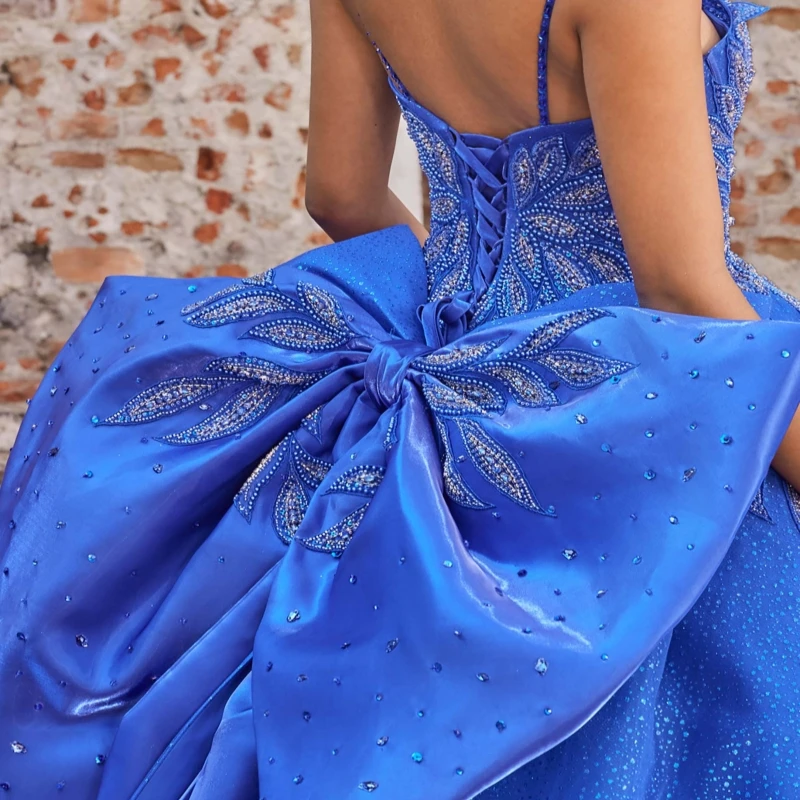Royal Blue Shiny Quinceanera Dresses Ball Gown Spaghetti Strap Applique Lace Beads Bow Tull Sweet 16 Dress Vestidos 15 De Anos