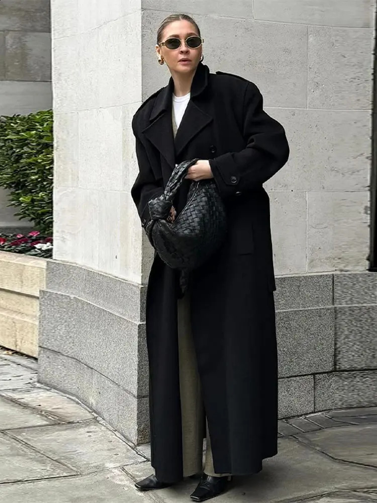 Belts Double Breasted Womens OverCoat Elegant Laple Pocket Full Sleeve Female Coat Autumn Winter Fashion Lady Outwears 250911