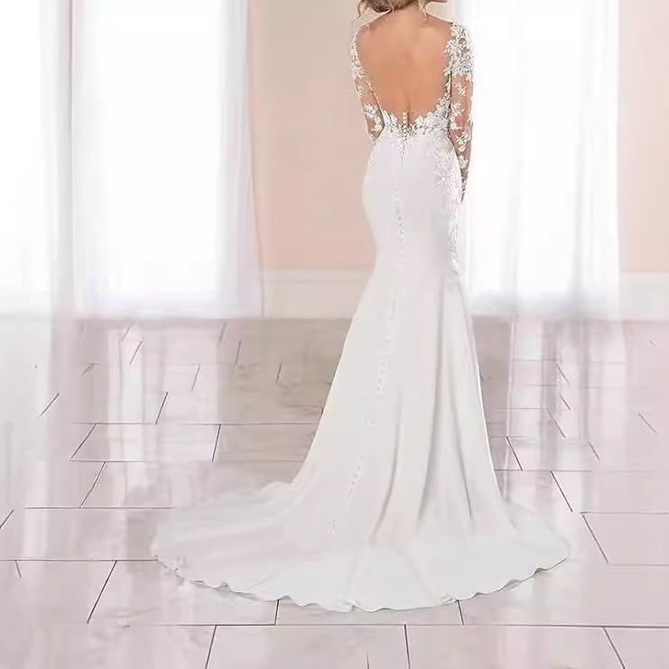 Sexy Sheer Back Mermaid Wedding Dress V-Neck Sequins Beads Lace Appliques Long Sleeves Satin Bridal Bride Gowns Vestidos De Novia