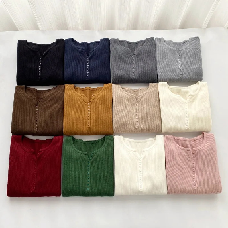 Knitted Jumper Soft Warm Pullovers Little Button Vneck Long Sleeve Sweaters Solid Multi Color Basic Slim Pullover Tops 250911