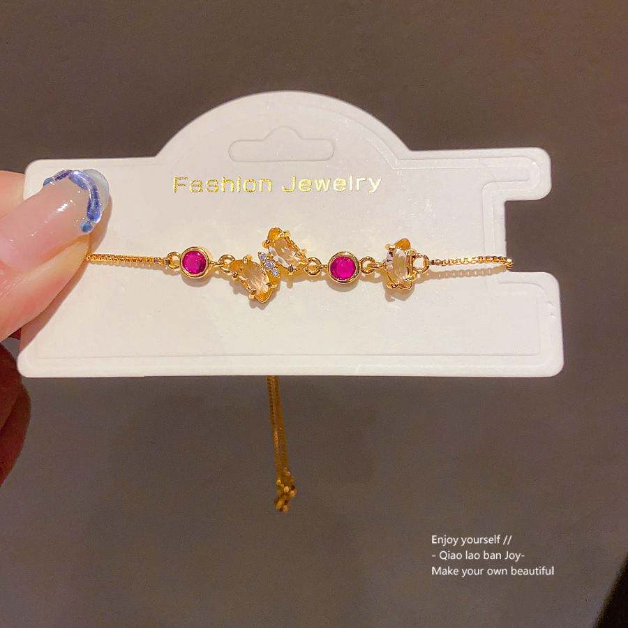 Gold - Toned Bracelet With Magenta Round Crystals, Clear Accent Stones Delicate Daily & Elegant Jewelry Gift For Her High - Quality And Colorful Acces