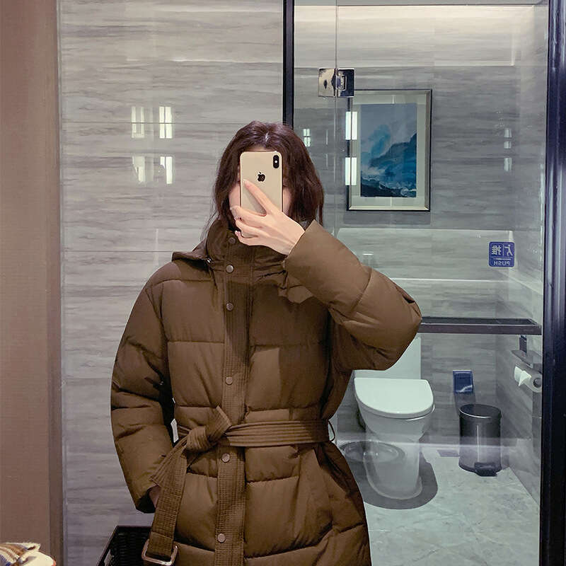 Winter New Solid Color Waist Cinched Hooded Fashion Versatile Trendy Korean Style Mid-Length Cotton Jacket for Women