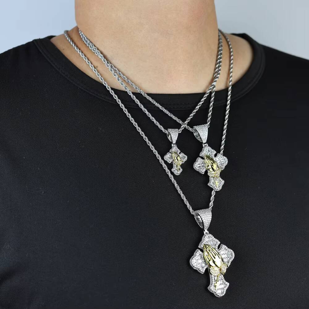 2025 New Two Tone Praying with Both Hands Iced Out Cross Pendant Necklace for Men Hip Hop Jewelry Paved Square CZ Stone