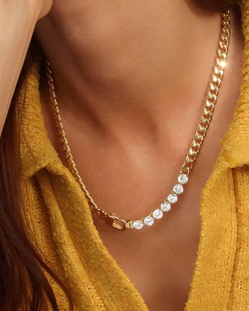 Wholesale Fashion 18K14K Gold Plated Zircon Necklace Mens and Womens Cuban Chain Link Made of Brass