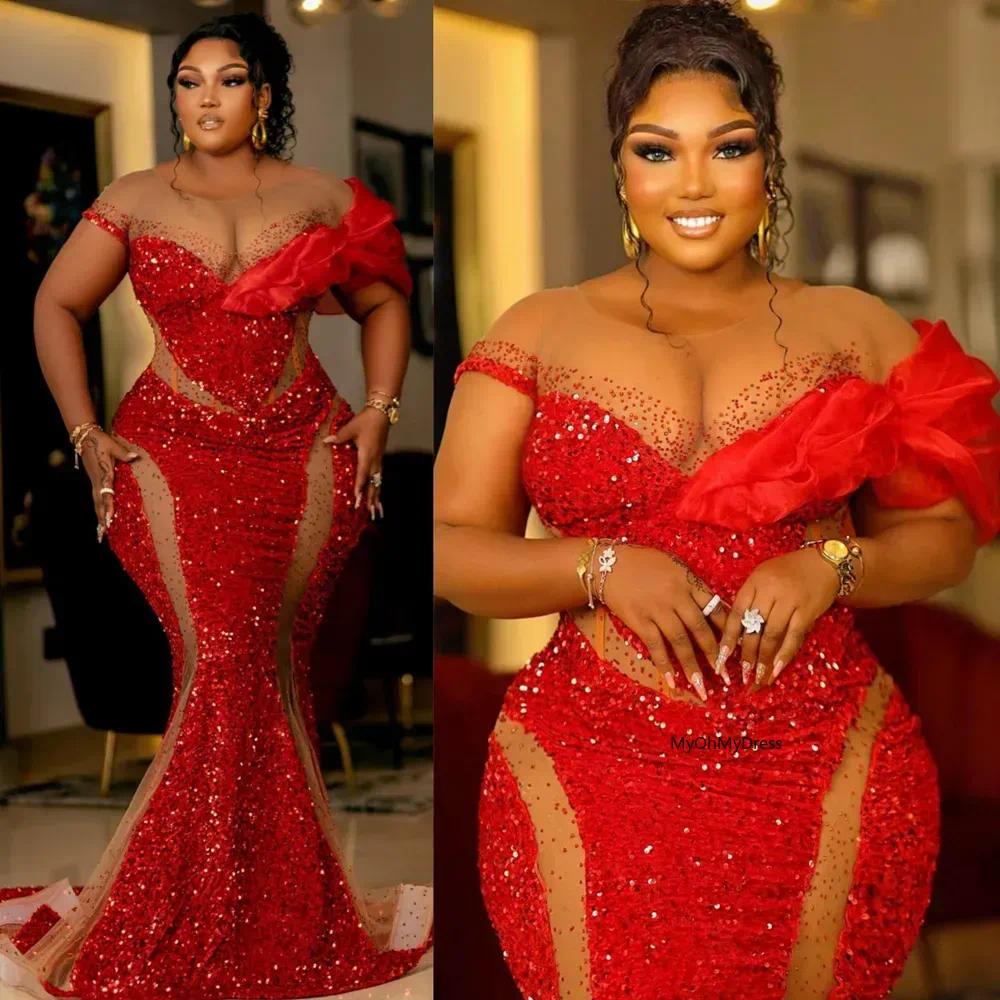 2025 Aso Ebi Prom Dresses Plus Size Red Mermaid Sparkling Sequins Lace Short Sleeves Evening Dresses Birthday Party Dress Engagement Gowns Vestido De 