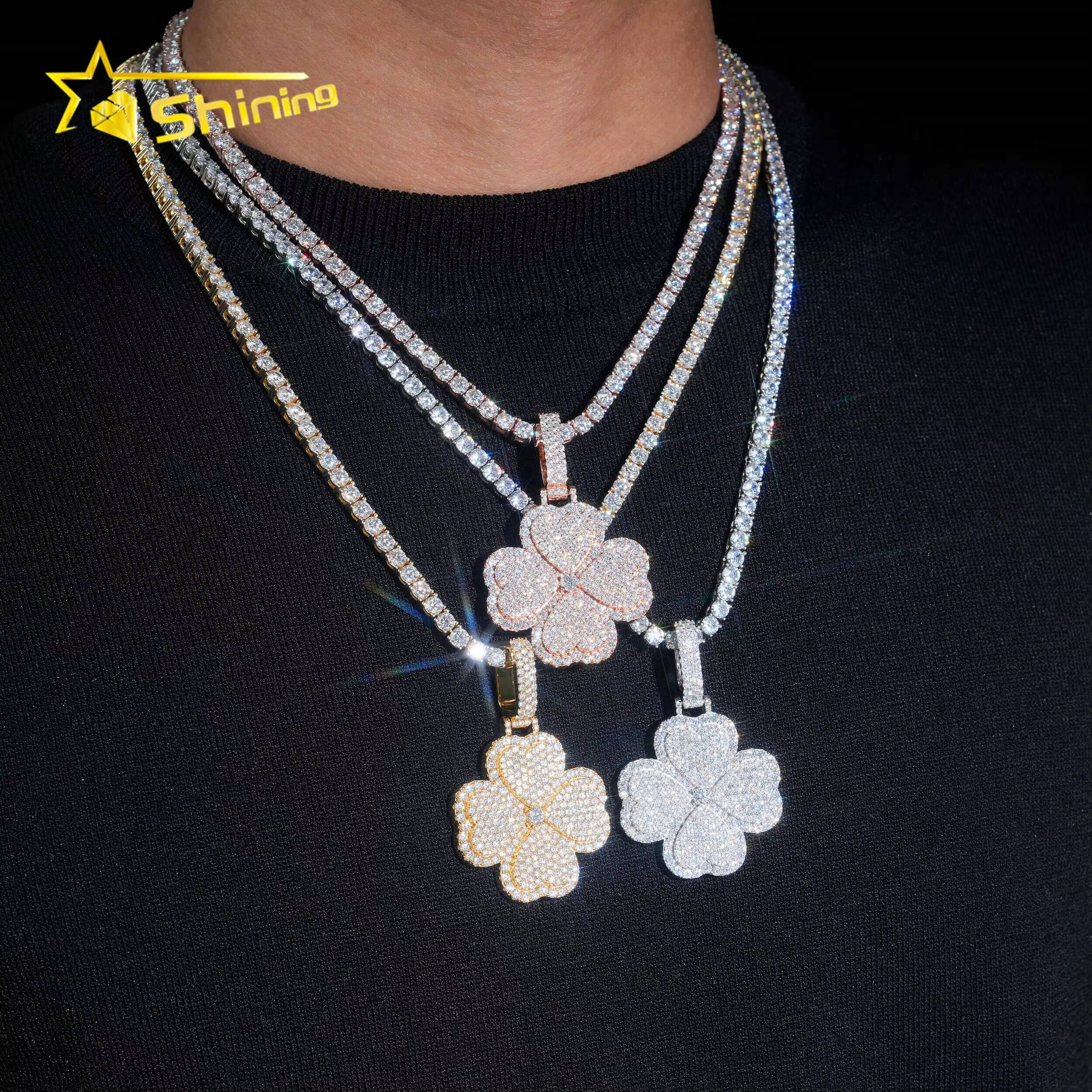 New Style Moissanite Pendant Gold Plated Fine Jewelry 925 Sterling Silver Iced Out Moissanite Clover Pendant for Men Women