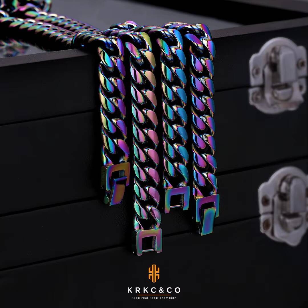 KRKC FaMoissaniteory 2021 Fashion 8mm Real Gold Plated Colorful Stainless Steel Miami Curb Rainbow Cuban Link Chain Necklace Set for Men