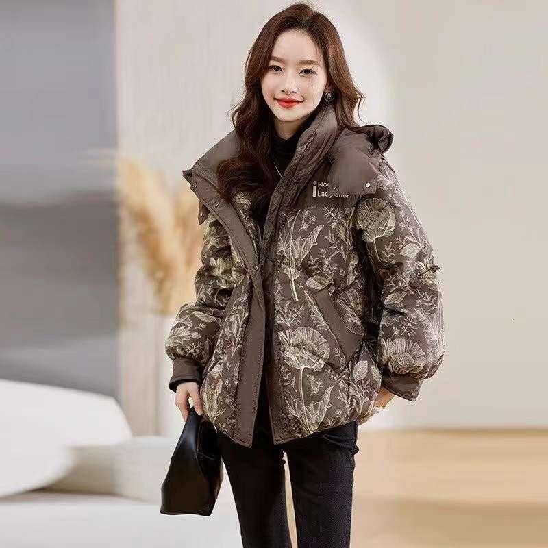 High-End Luxury Small Jacket for Women Winter New Printed Petite Thickened Slimming Melard Cotton Coat