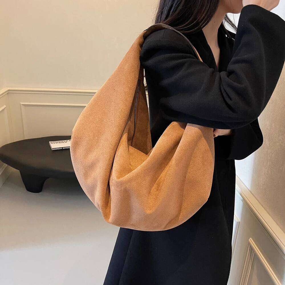 2024 Retro Suede Women Top-Handle Large Capacity Tote High Quality Underarm With Zipper Solid Versatile Shoulder Bag