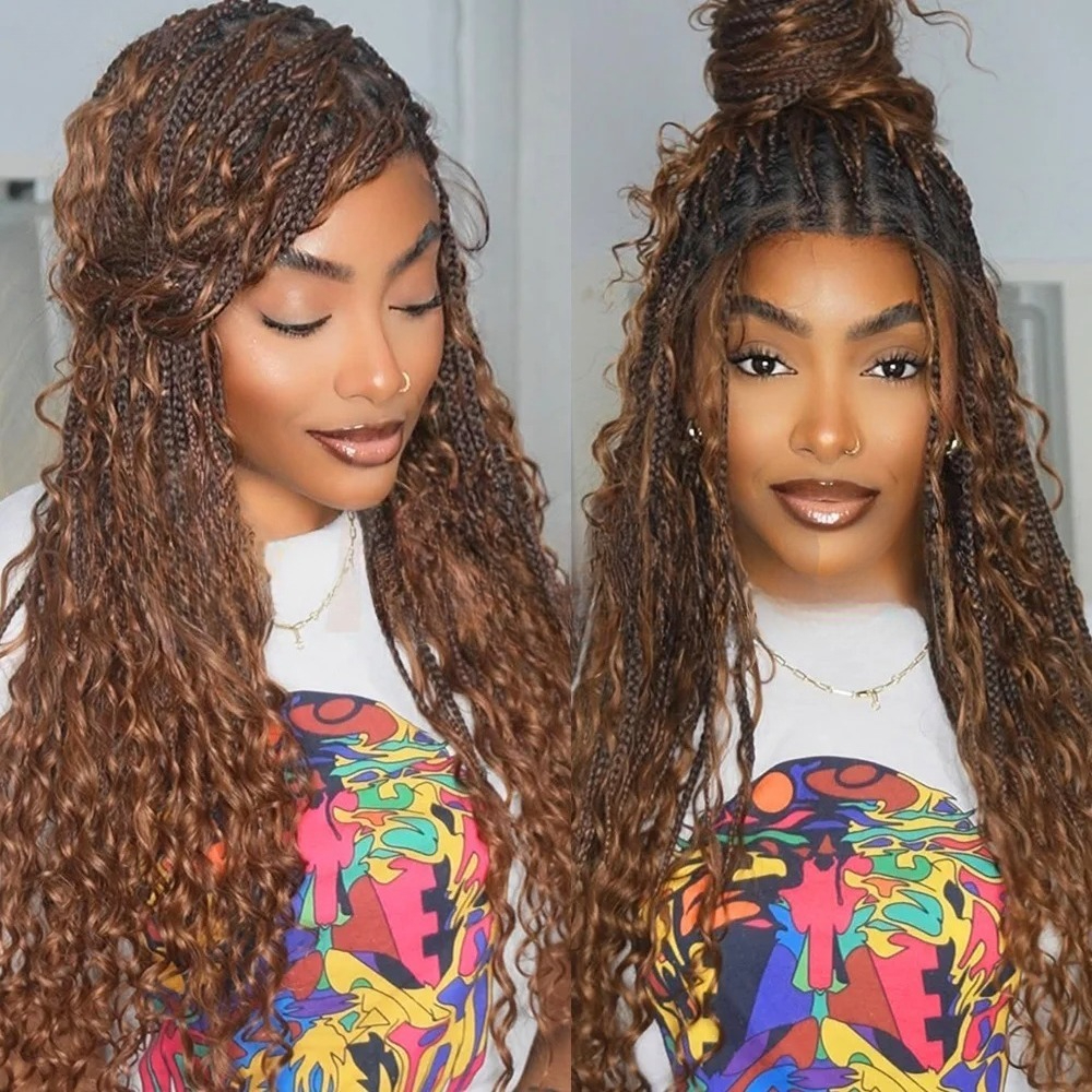 Boho Braided Wigs Synthetic Full Lace Front Wigs Blonde Curly Ends Hair Goddess Locs Cornrows Braid Wigs Knotless Box Braids Lace Frontal Wig