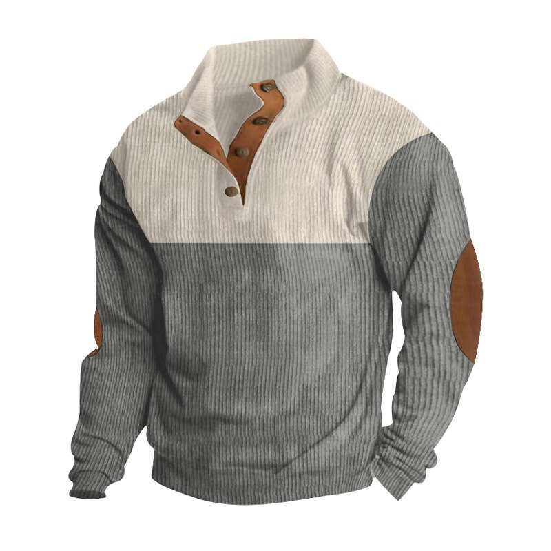 Spring and Autumn Cross-Border European Size Men's Outdoor Casual Button Stand Collar Loose Corduroy Color Block Sports Sweatshirt Trend