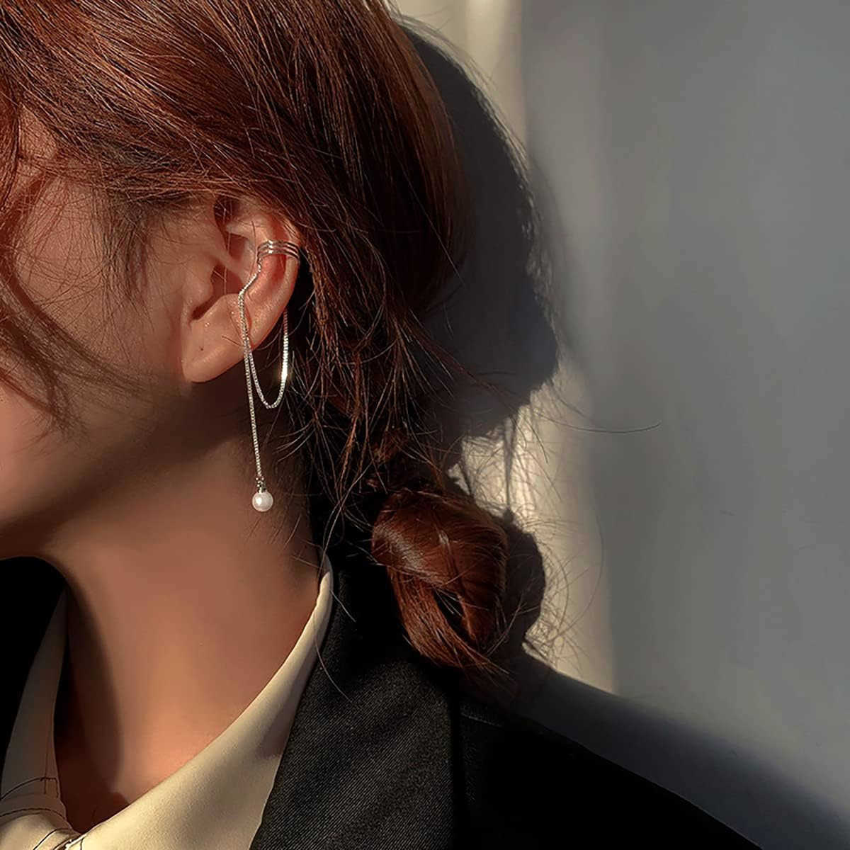 925 Sterling Silver No Piercing Cuff Earrings Chain for Women Wrap Earrings Pearl Tassel Clip On EarW250911