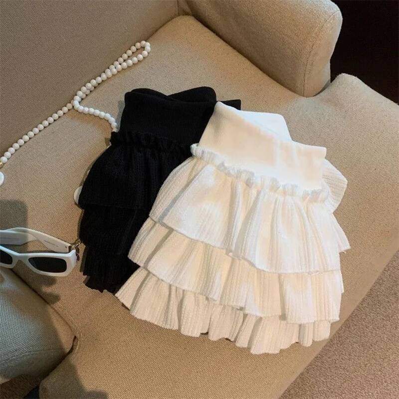 Sweet Puffy Cake Women Skirts Korean Fashion Ruched Ruffle Mini Campus Haruku Casual Versatile Elastic Waist Solid Skirt dongdumaoyi