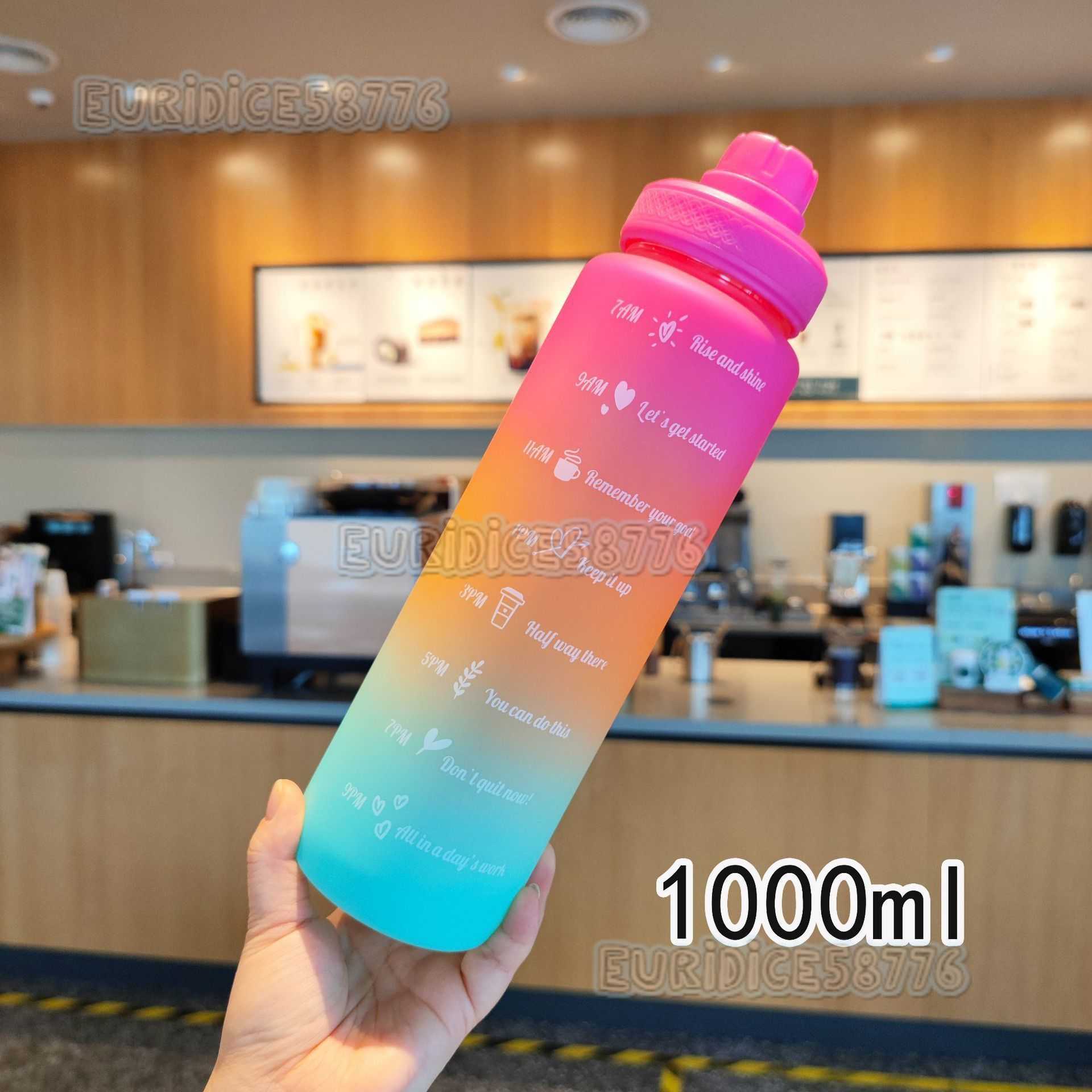 New Threecolor Gradient Frosted Plastic Water Bottle with Straight Drinking Portable Handle Sports Water Bottle 1000ml H250911