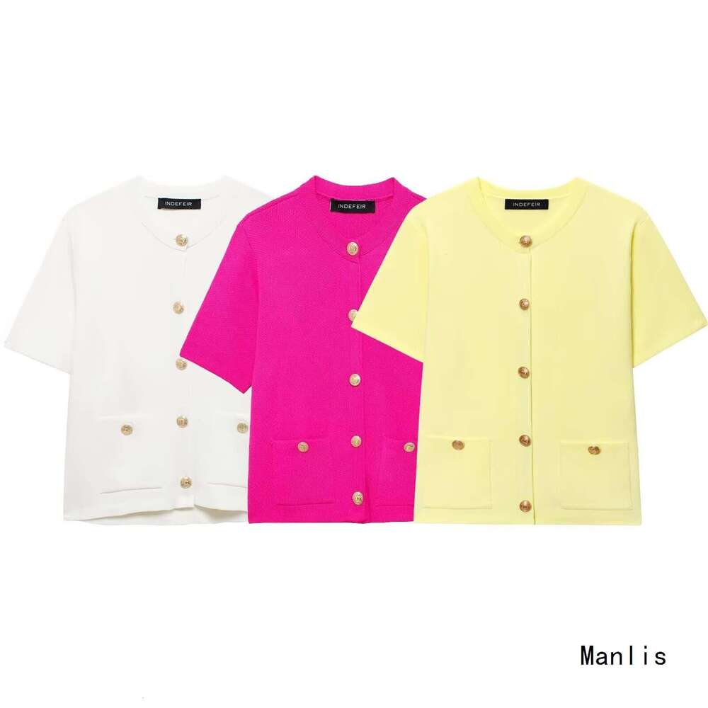DHEssentials Z2025 New Style Chanel-Inspired Round Neck Patch Pocket Button Design Short Sleeve Knitted Jacket for Women 6427031