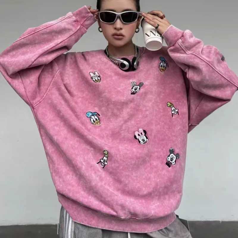 Disney Mickey Minnie Donald Duck Womens Pullover Spring Autumn Korean Version Design Sense Hoodie Cute Embroidery Versatile Top L250911