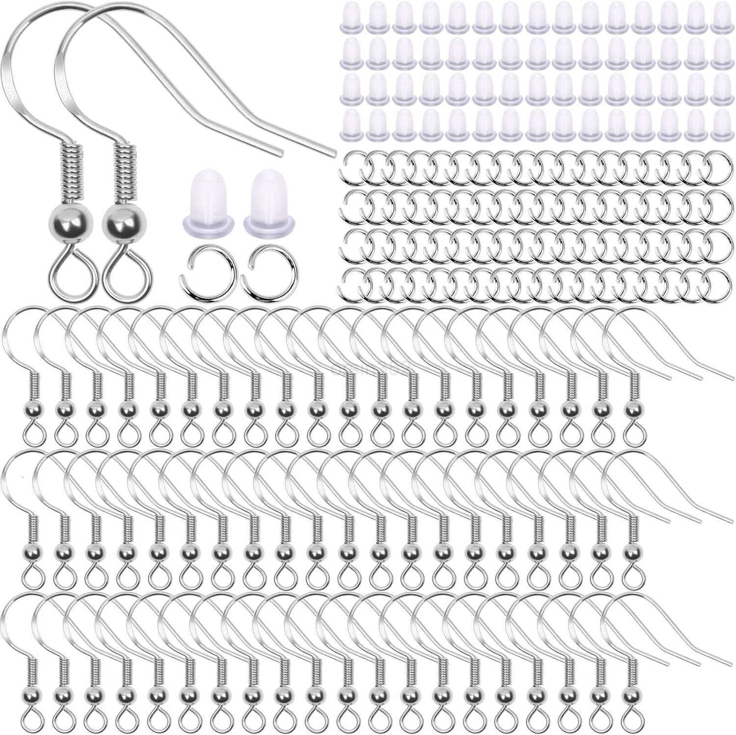 600Pcs Earring Making Kit with Hypoallergenic Hooks Jump Rings Rubber Backs SilverW250911