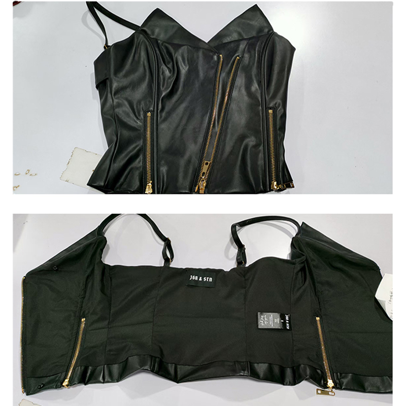 Two Piece Dress Women's Black PU Leather Sleeveless V - neck Zip - detailed Skirt Set