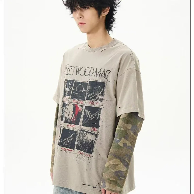 Hip hop punk retro pattern ripped men pullover street fashion camouflage sleeve two clothing loose trend sweatshirt 250911