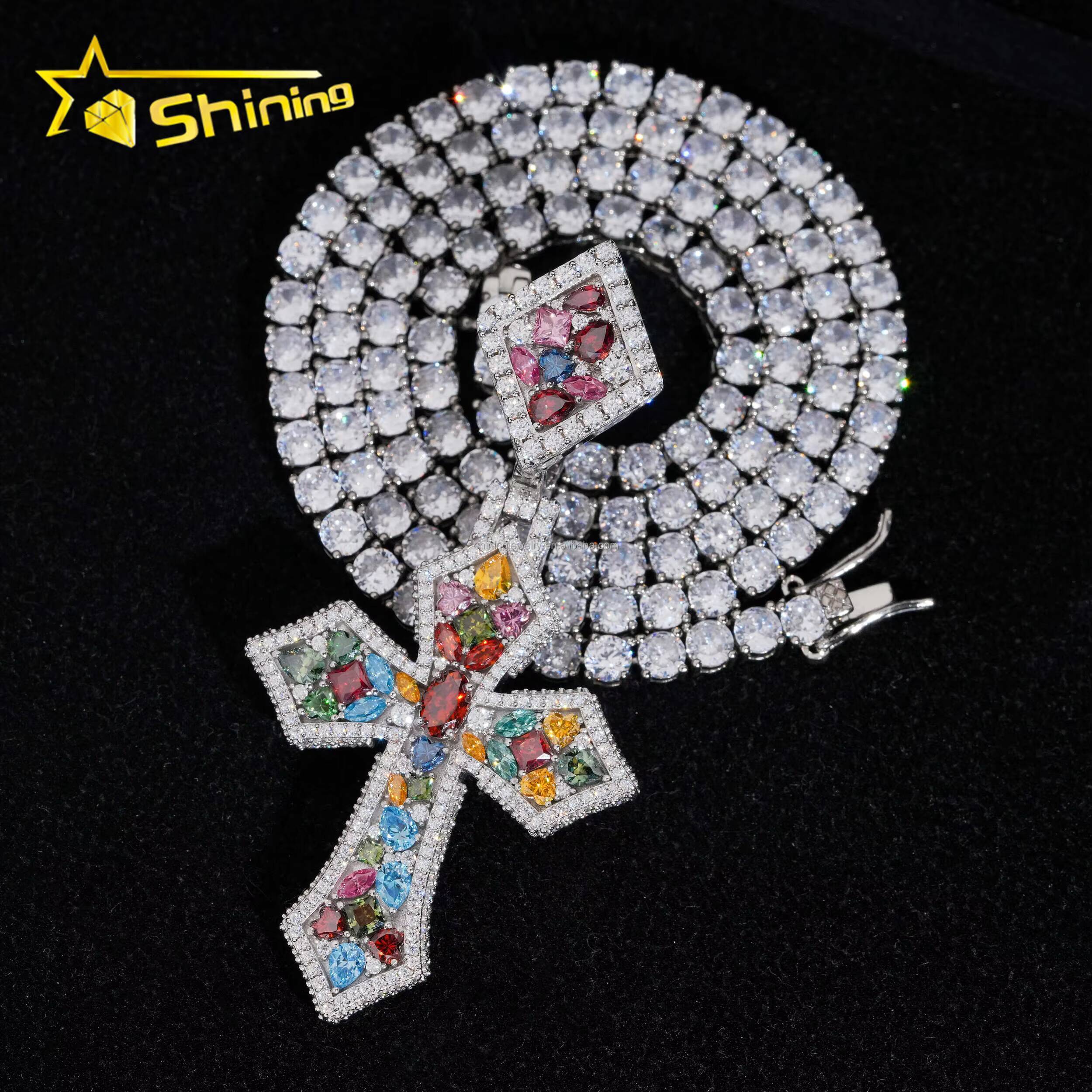 New Arrivals Unique Design High End Hip Hop Rapper Jewelry Multi Color Moissanite Diamond S925 Silver Iced Out Man Cross Pendant