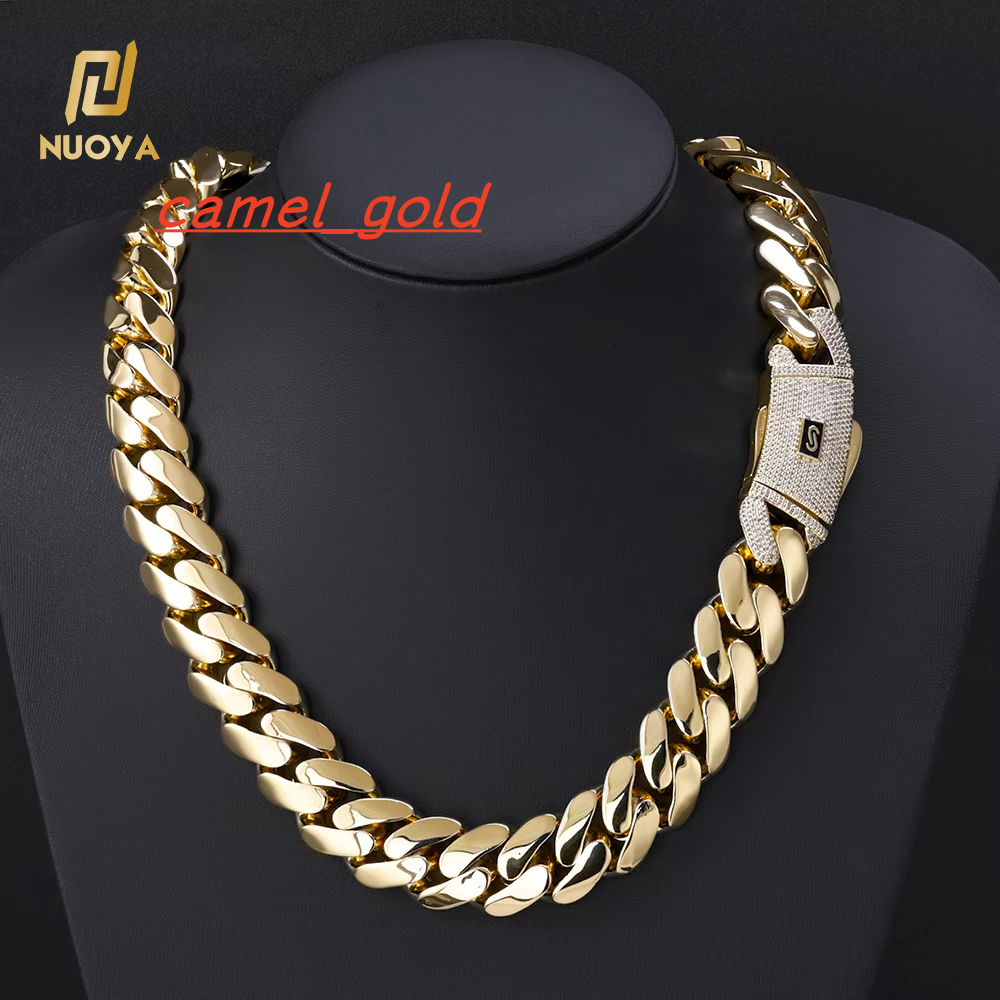 NUOYA Hiphop Jewelry Iced Out Diamond Clasp Flat Monaco Chain 14K Gold Plated Thick Cuban Link Chain Choker Necklace for Women