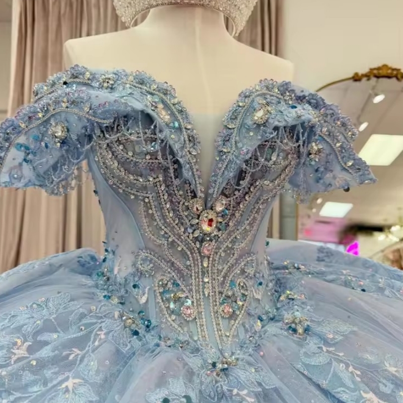 Light Blue Quinceanera Dresses Ball Gown Off The Shoulder Applique Lace Beading Crystal Bow Tull Party Birthday Sweet 16 Dress Vestidos 15 De Anos