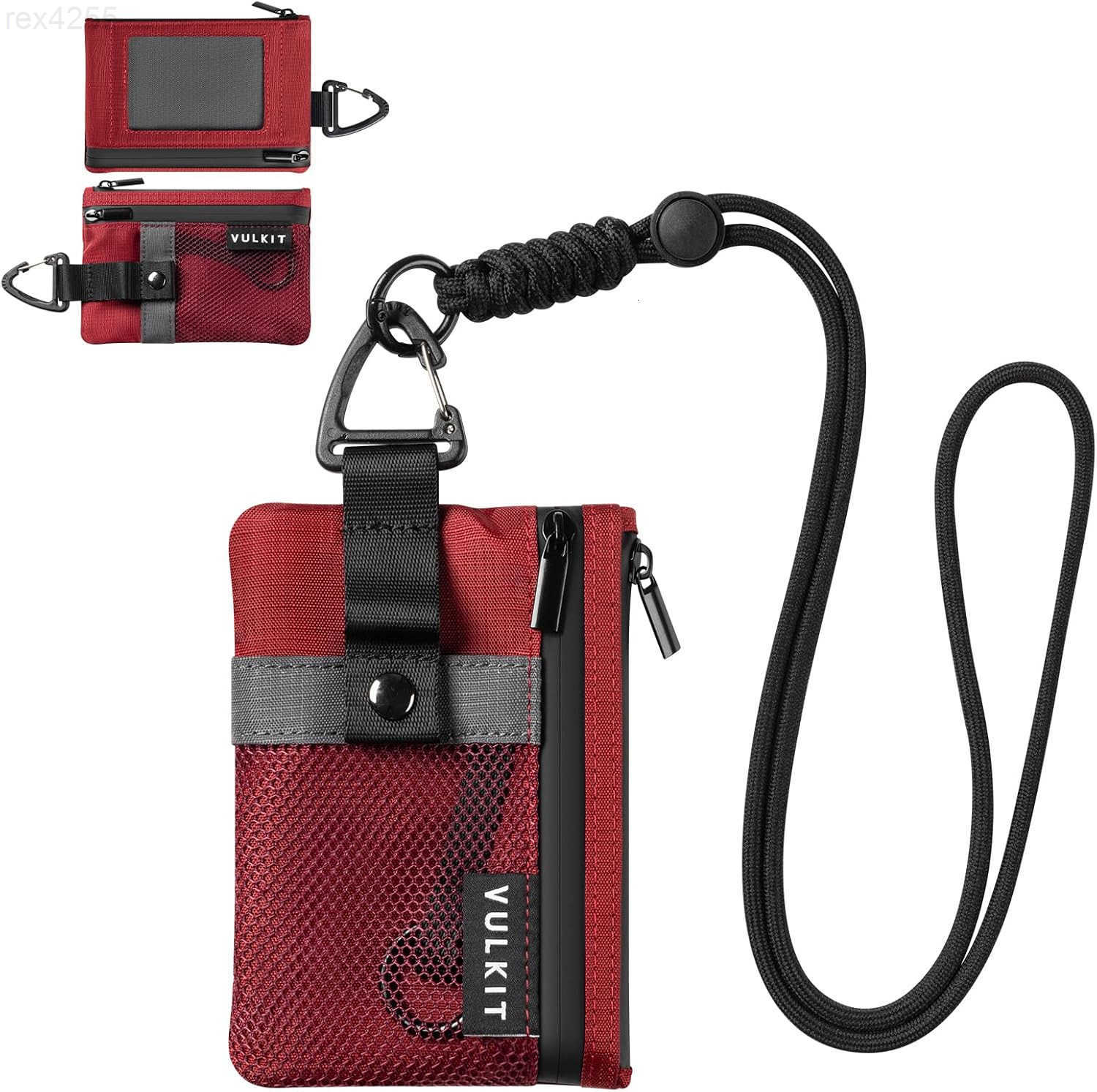 Small RFID Wallet for Women Men Minimalist Zipper Wallet with ID Window Keychain Carabiner Holds 15 Cards Water Resistant Travel Lanyard Wallet BlackW