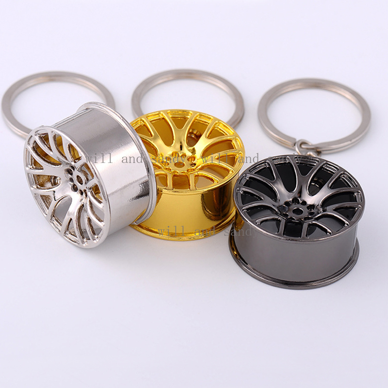 WHOLESALE Metal Wheel Hub Key Rings Charm Auto Sports Car KeyChain Pendant Silver Gold Fashion Jewelry Gift Bag Hanging