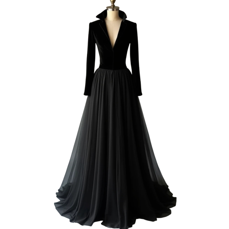 Classic Black Velvet A-Line Long Evening Dresses V-Neck Lapel Long Sleeves Vintage Special Occasion Gowns Floor Length Halloween Prom Wear