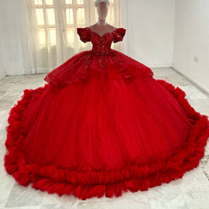 Red Shiny Quinceanera Dresses Ball Gown Off The Shoulder Lace Beading Crystal Tiered Tull Party Birthday Sweet 16 Dress Vestidos 15 De Anos
