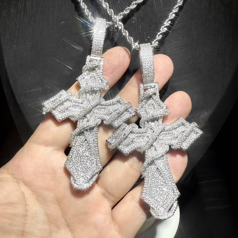 Men's Hip Hop 5A Moissanite Cross Pendant Necklace 925 Silver White Gold Jewelry for Wedding Engagement