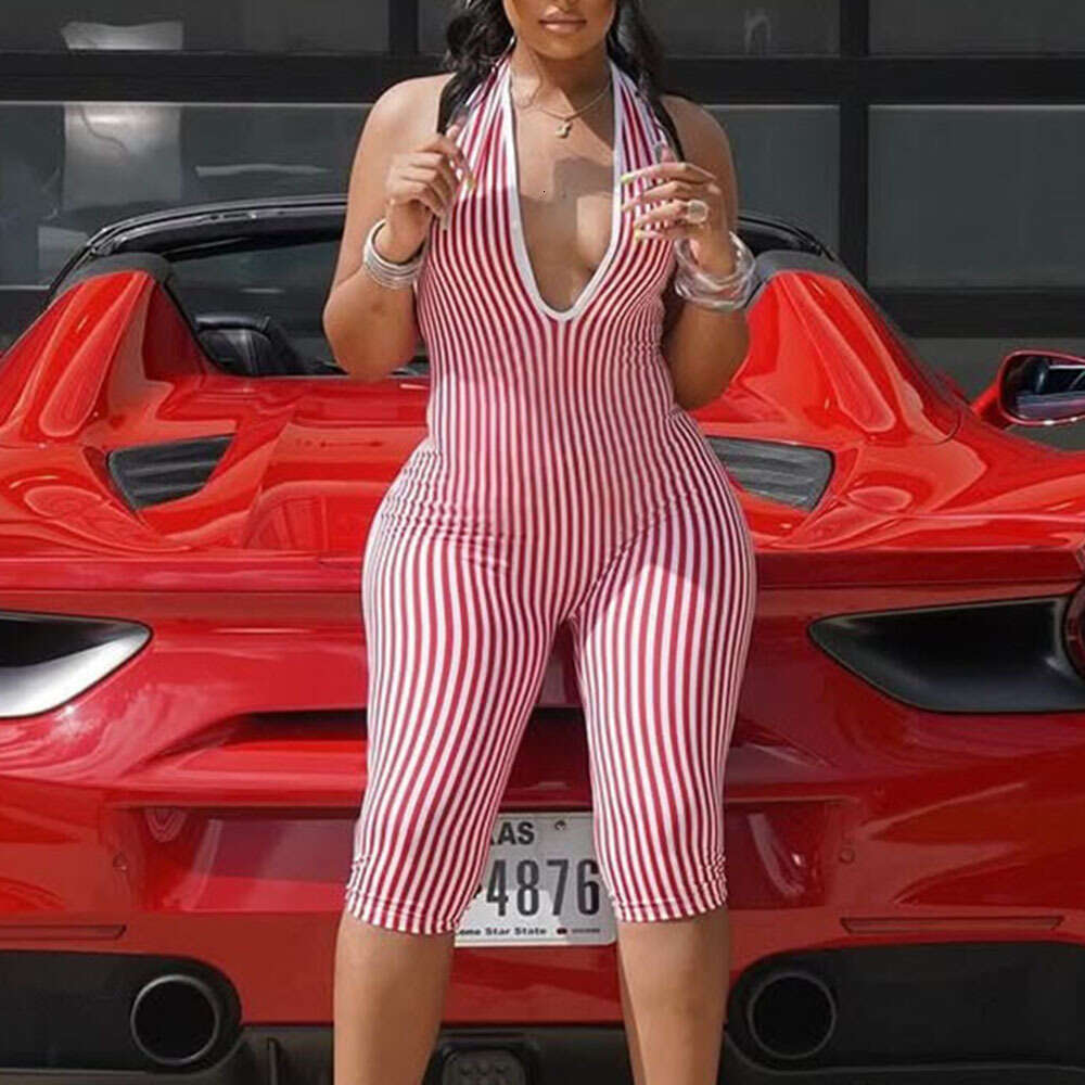 Striped New Hollow Out Backless Tie Designer Shoe Short High-End Jumpsuit for Women