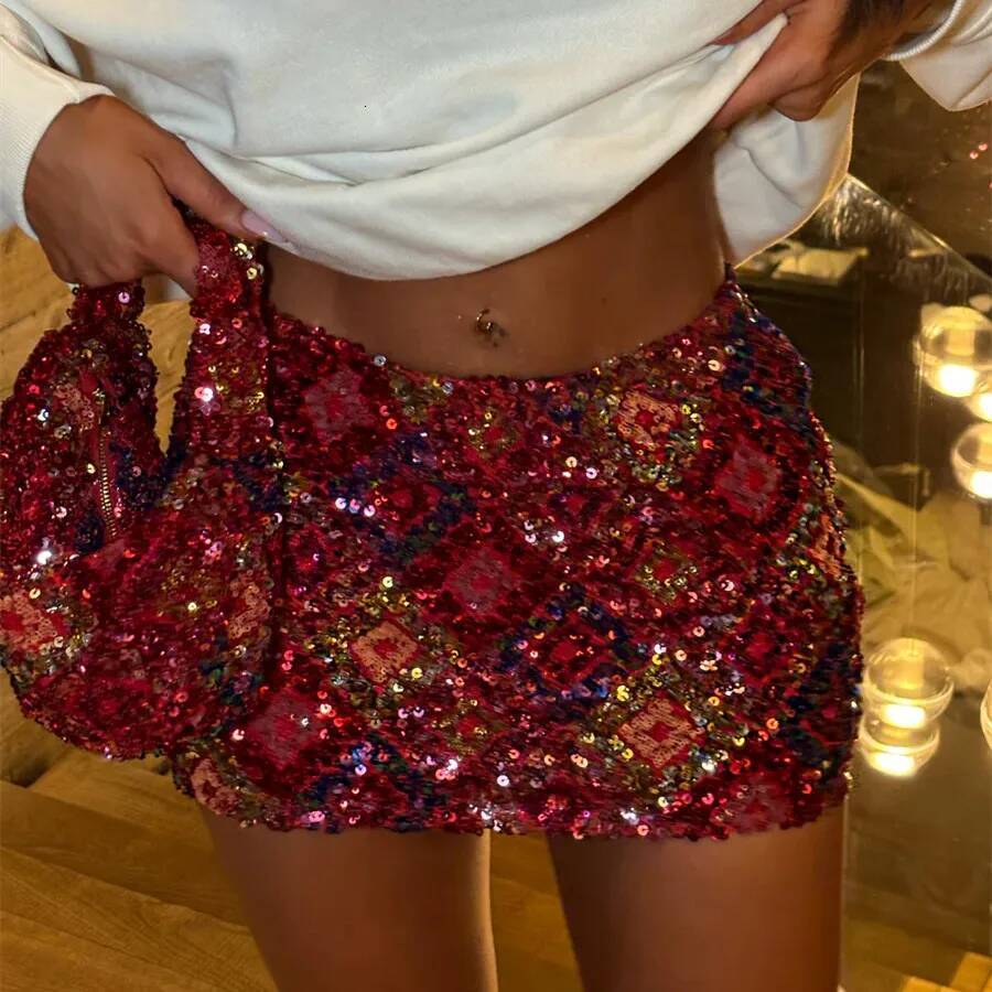 hirigin Women Y2K Sparkly Sequin Mini Side Tie-up Low Waist Pencil Skirt Glitter Festival Rave Short Skirts Party Clubwear dongdumaoyi