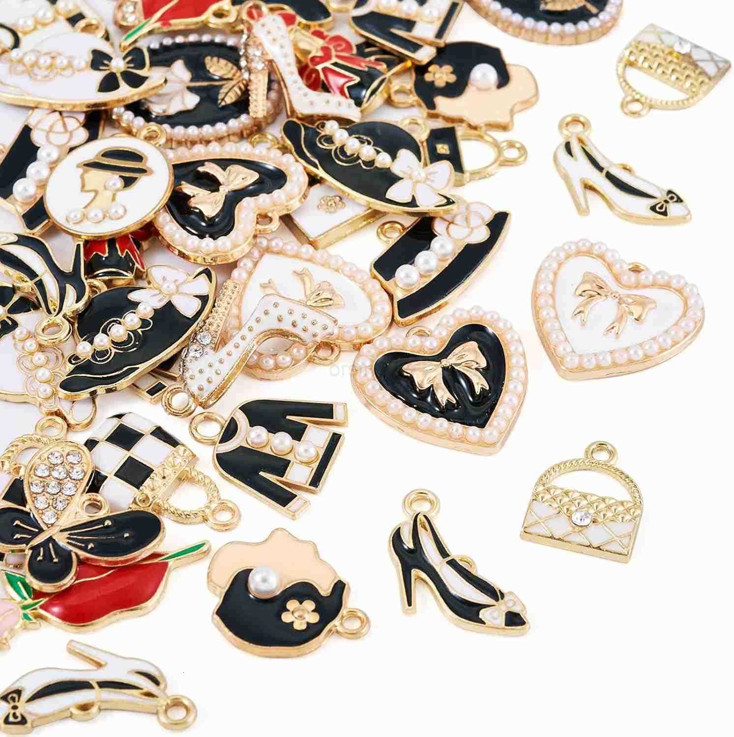 40Pcs Enamel Fashion Women Makeup Charms Lipstick Hat Bag High Heels Alloy Pendants for DIY Earring Necklace Jewelry MakingW250911