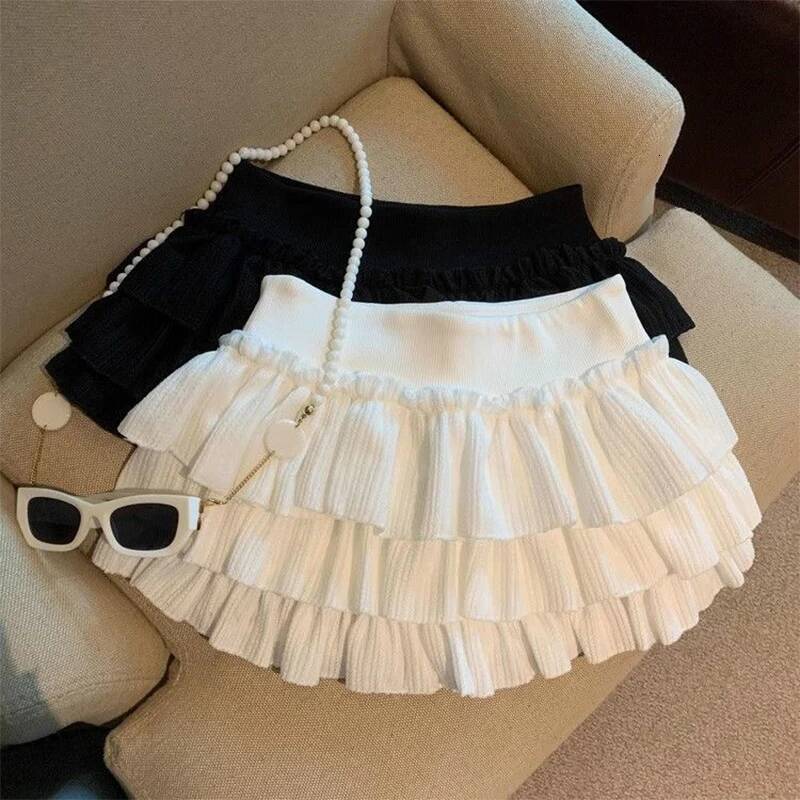 Sweet Puffy Cake Women Skirts Korean Fashion Ruched Ruffle Mini Campus Haruku Casual Versatile Elastic Waist Solid Skirt dongdumaoyi