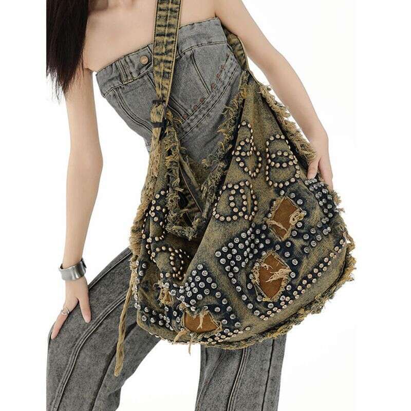 2025 Denim American Fashion Rivet Design Crossbody Bag