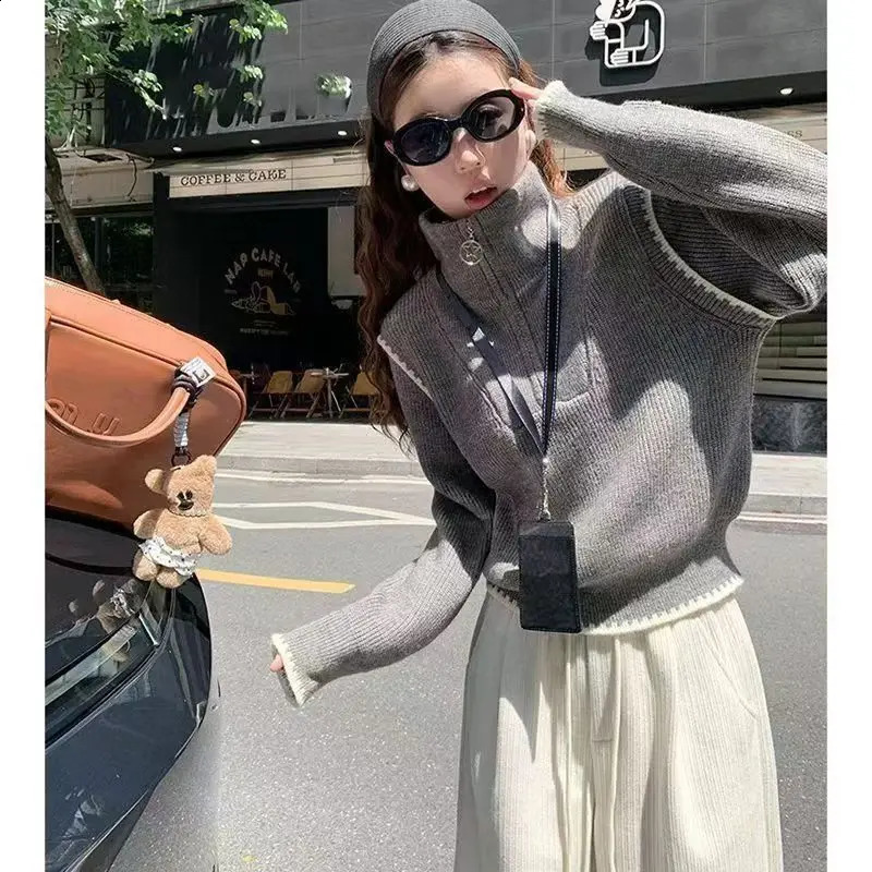 n Simple Grey Zipper High Neck Sweater Womens AutumnWinter Loose Knitted Korean Version Top Trendy 250911